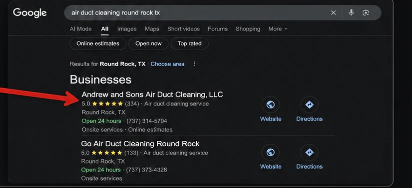 Google results for air duct cleaning round rock tx with Andrew and Sons ranked first