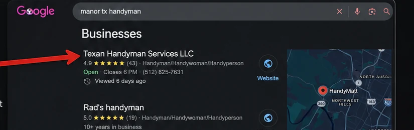 Texan Handyman ranked #1 in the Google local pack for Manor, TX