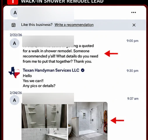 Walk-in shower lead captured from a neighborhood feed